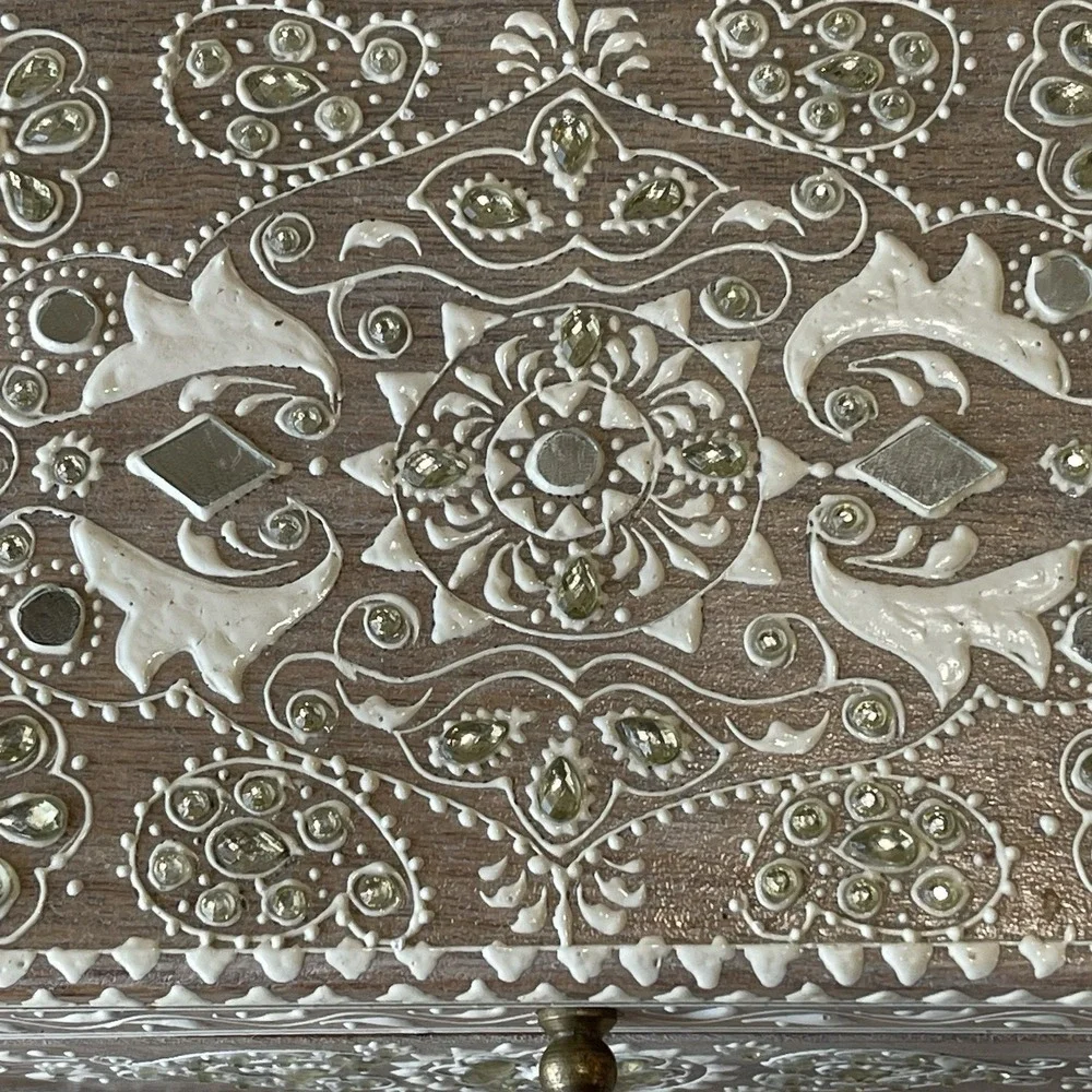 Handcrafted Indian Mango Wood Keepsake Box Ornate Painted Storage Chest Boho